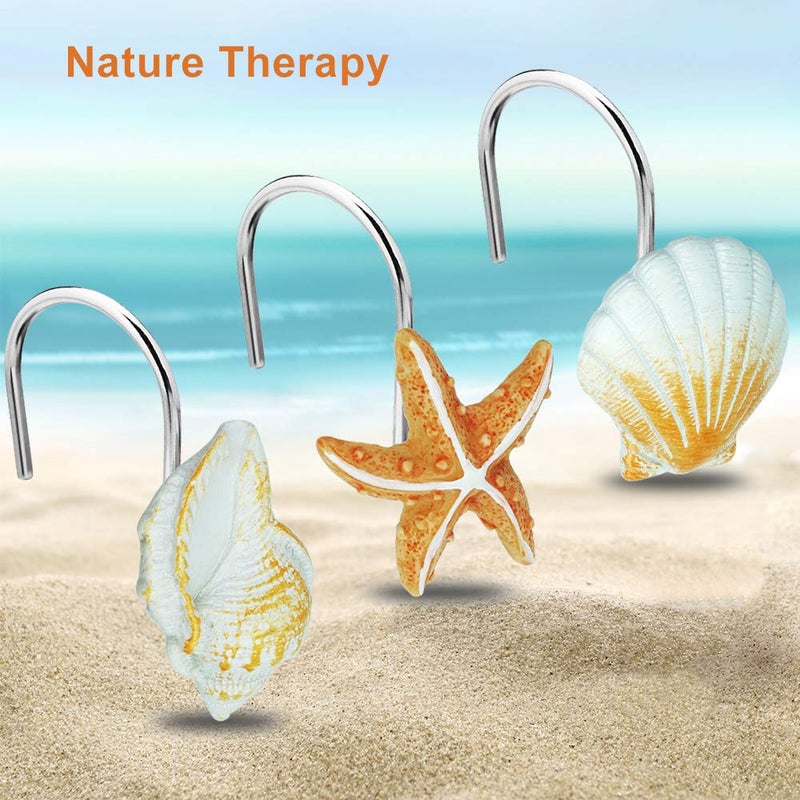 Yapicoco 12PCS Shower Curtain Hooks Rings for Bathroom, Fashion Ocean Beach Theme Home Decor Shower Curtain Hooks (Seashell: Light Brown, Starfish: Tan, Conch: Light Brown) - Image 2